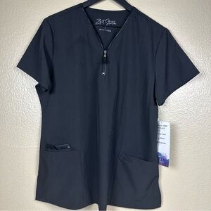 Zikit Stretch Black Sz L Scrub Top  Tassel‎ Zipper Pockets Business Faux Leather
